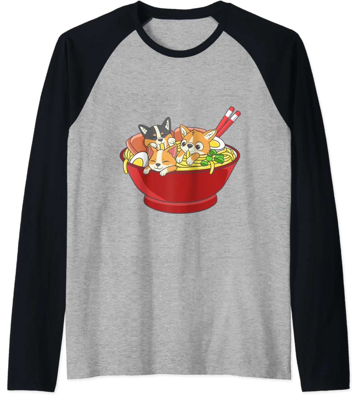 Anime Japanese Corgi Ramen Kawaii Ramen Noodle Life Raglan Baseball Tee