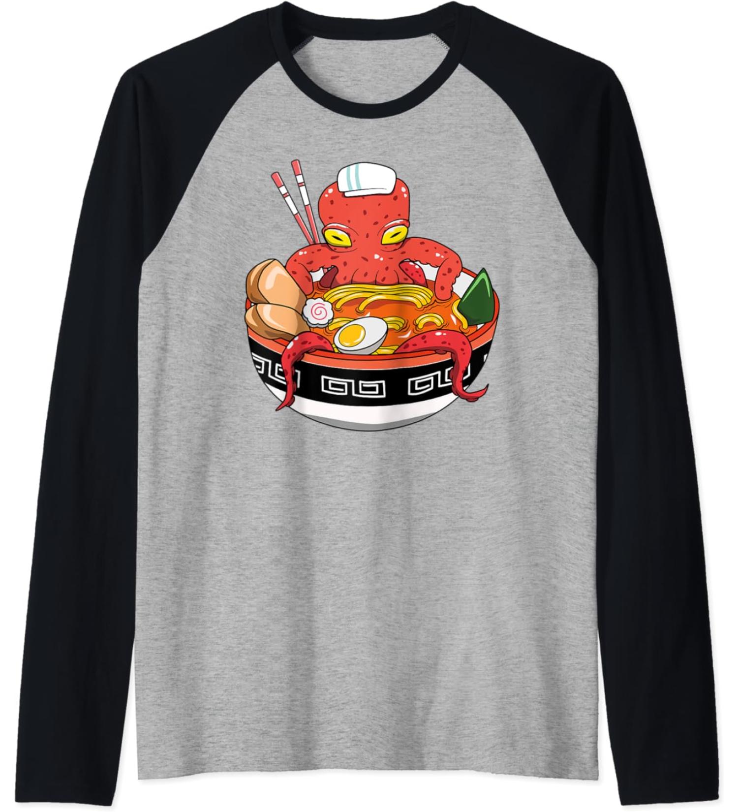 Japanese Kawaii Ramen Octopus Noodle Chillin Bowl Raglan Baseball Tee