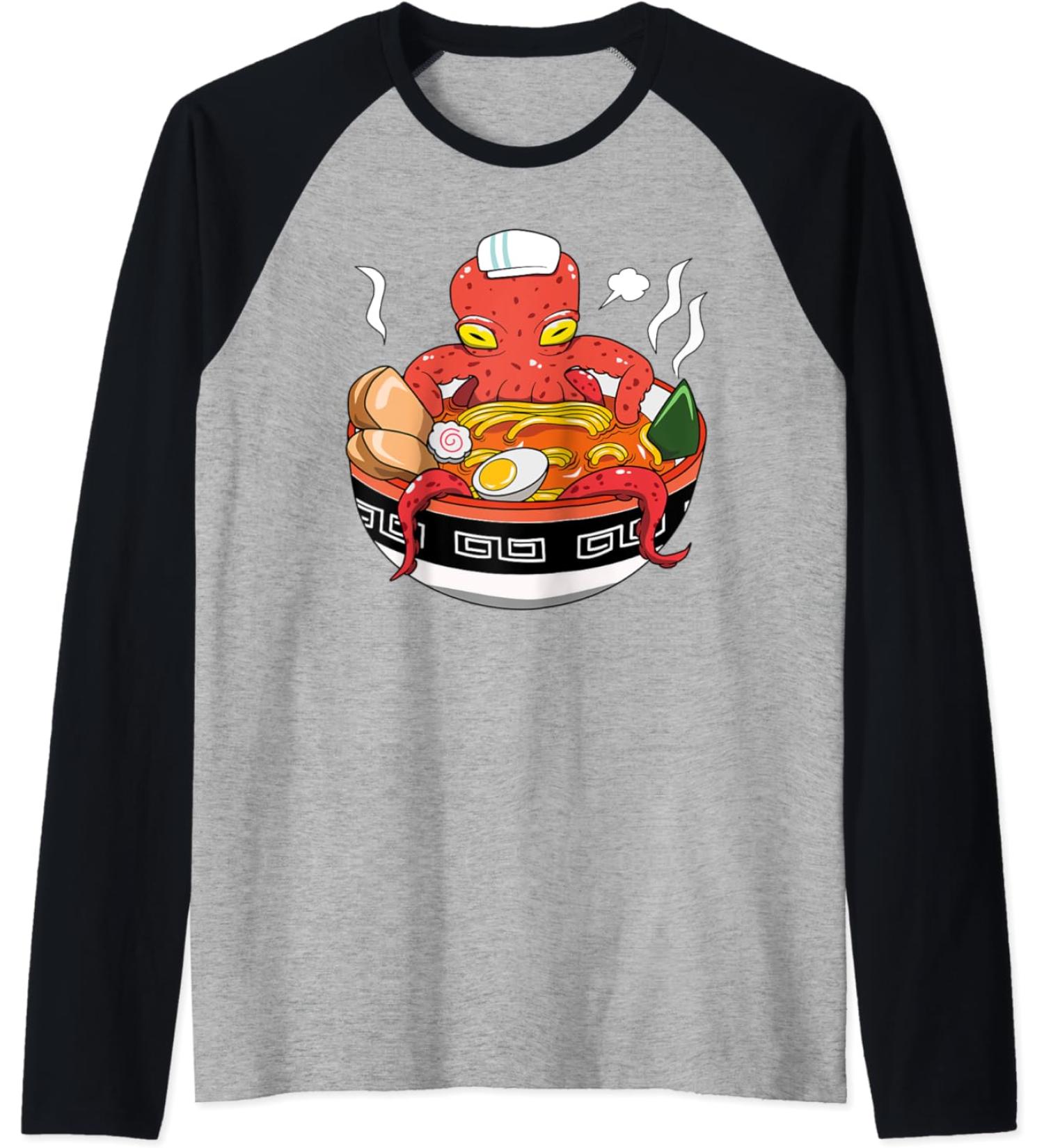 Japanese Kawaii Ramen Octopus Noodle Chillin Bowl Raglan Baseball Tee