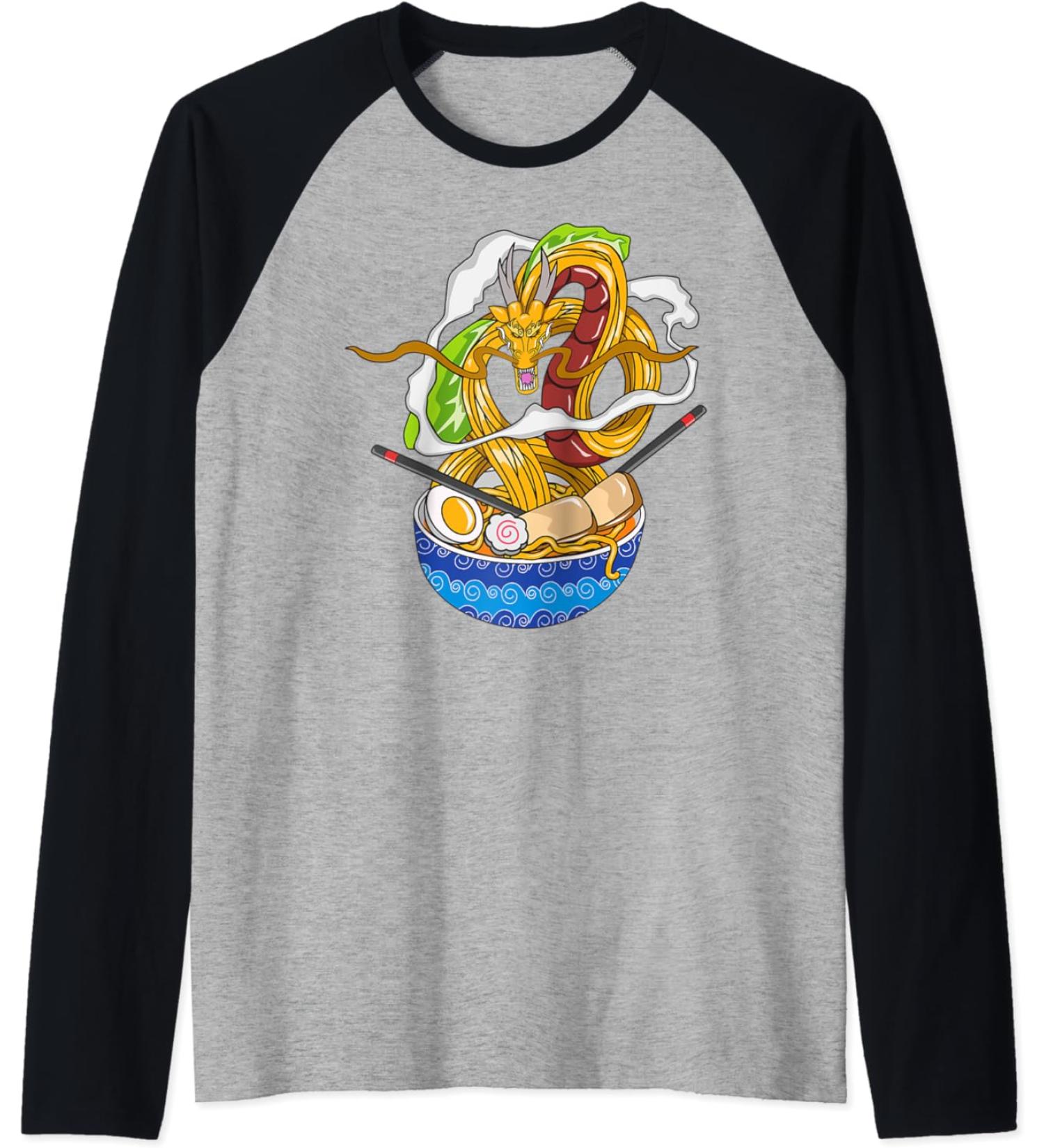 Japanese Kawaii Dragon Ramen Noodle Chillin Bowl Raglan Baseball Tee