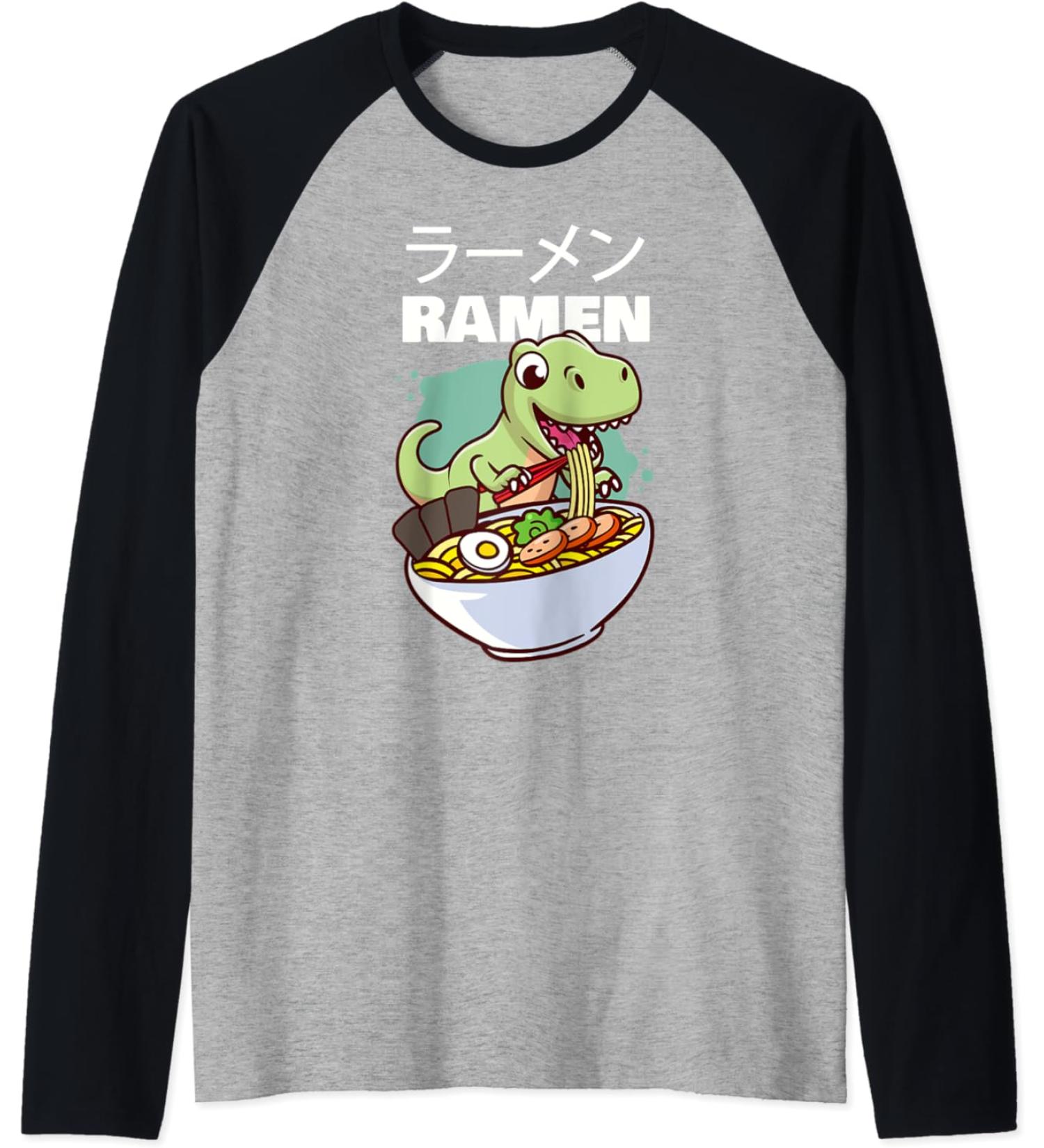 Kawaii Dino T-Rex eating Japanese Soup Ramen Noodle Raglan Baseball Tee