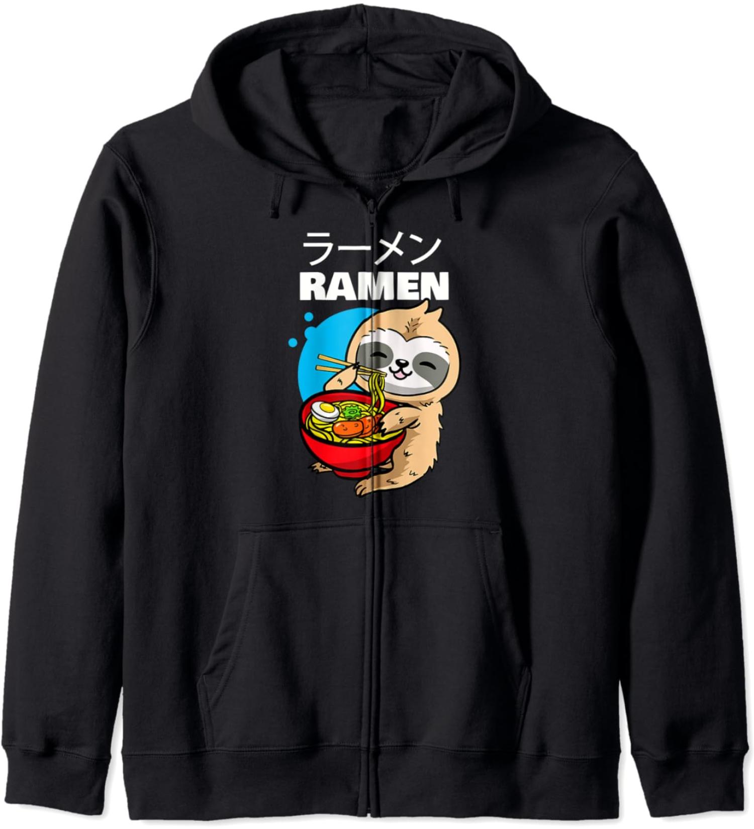 Kawaii Anime Sloth Eating Japanese Ramen Noodle Soup Zip Hoodie