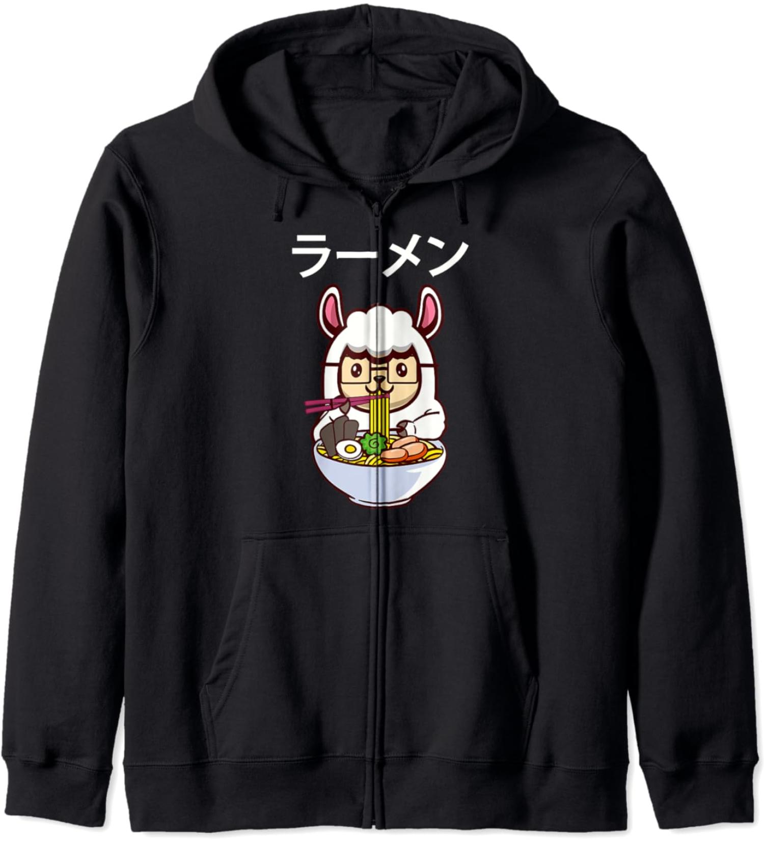 Kawaii Llamen Llama Eating a Ramen Noodle Bowl Zip Hoodie