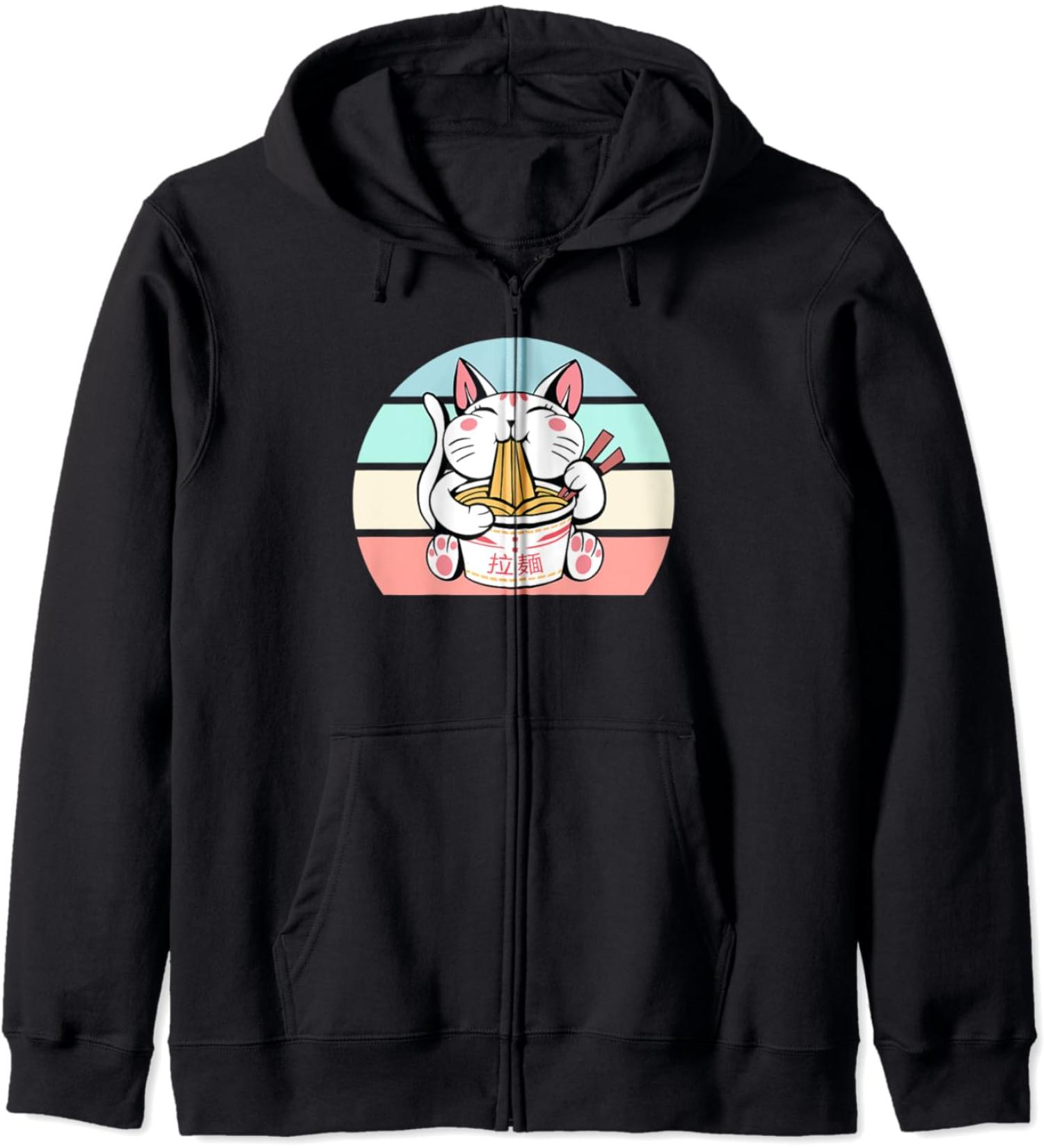 Kawaii Cat Neko Eating Ramen Noodle Soup Japanese Aesthetic Zip Hoodie