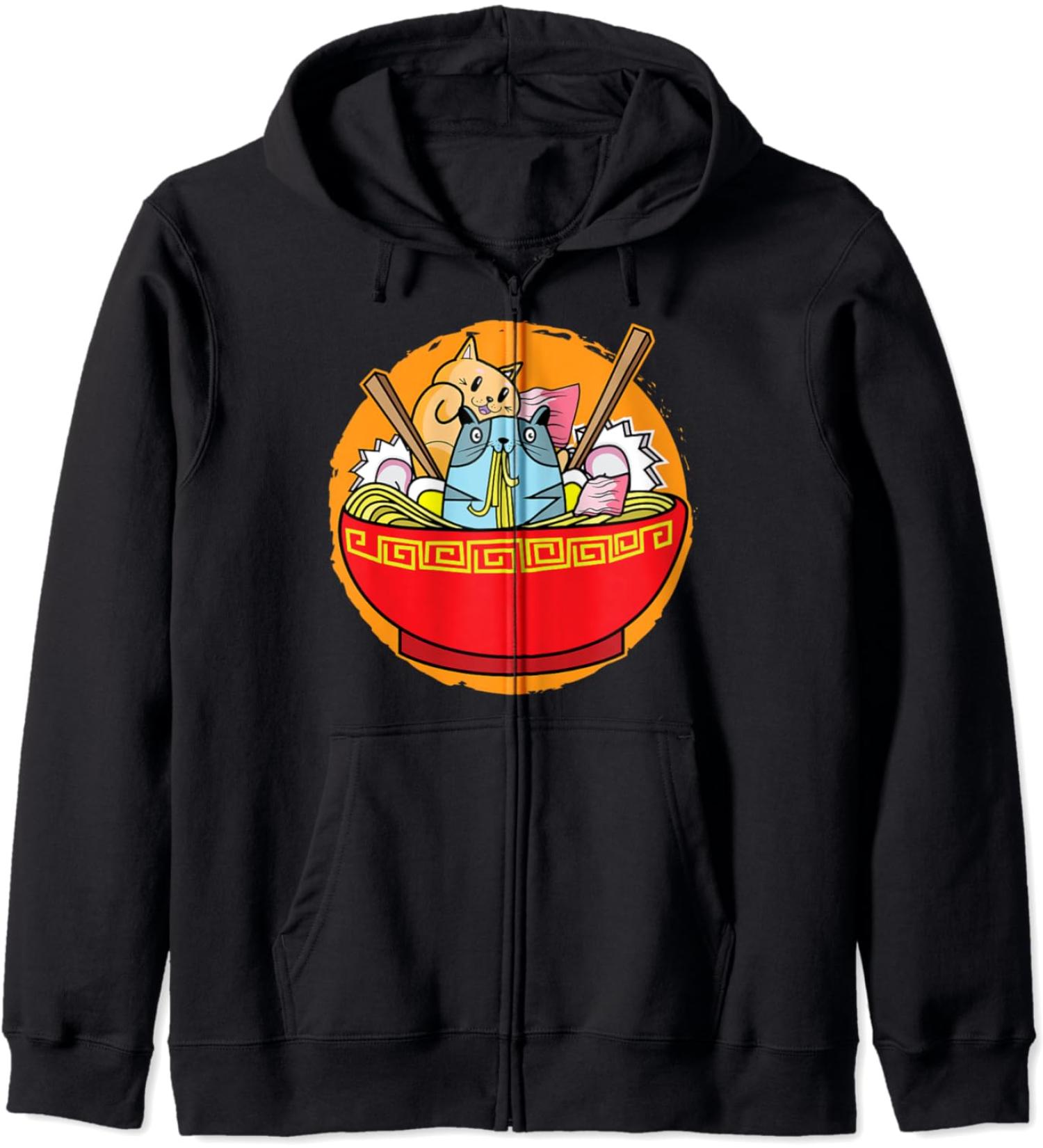 Anime Cat Japanese Ramen Noodles I Funny Ramen Zip Hoodie