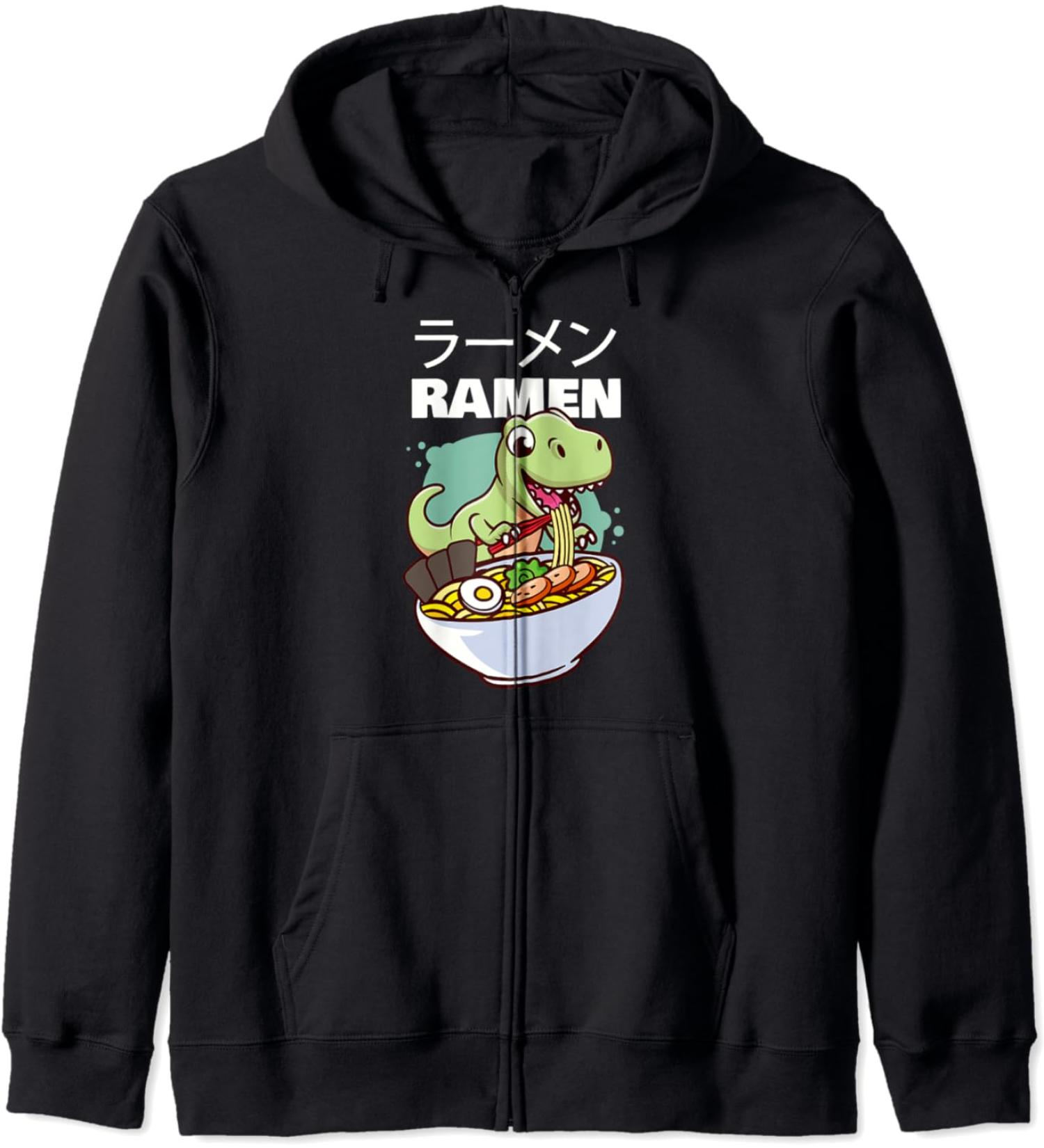 Kawaii Dino T-Rex eating Japanese Soup Ramen Noodle Zip Hoodie
