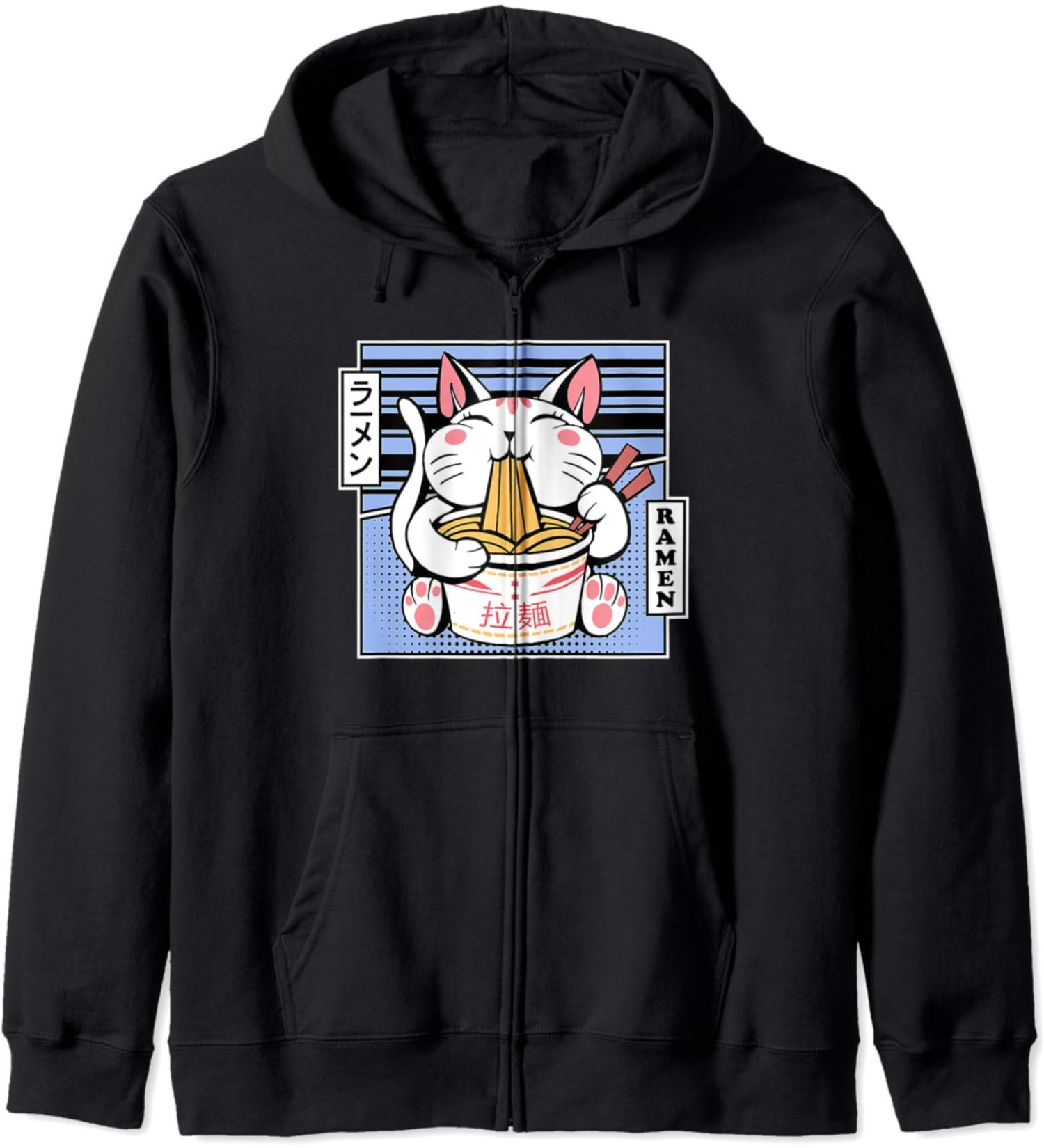 Kawaii Cat Neko Eating Ramen Noodle Soup Japanese Aesthetic Zip Hoodie