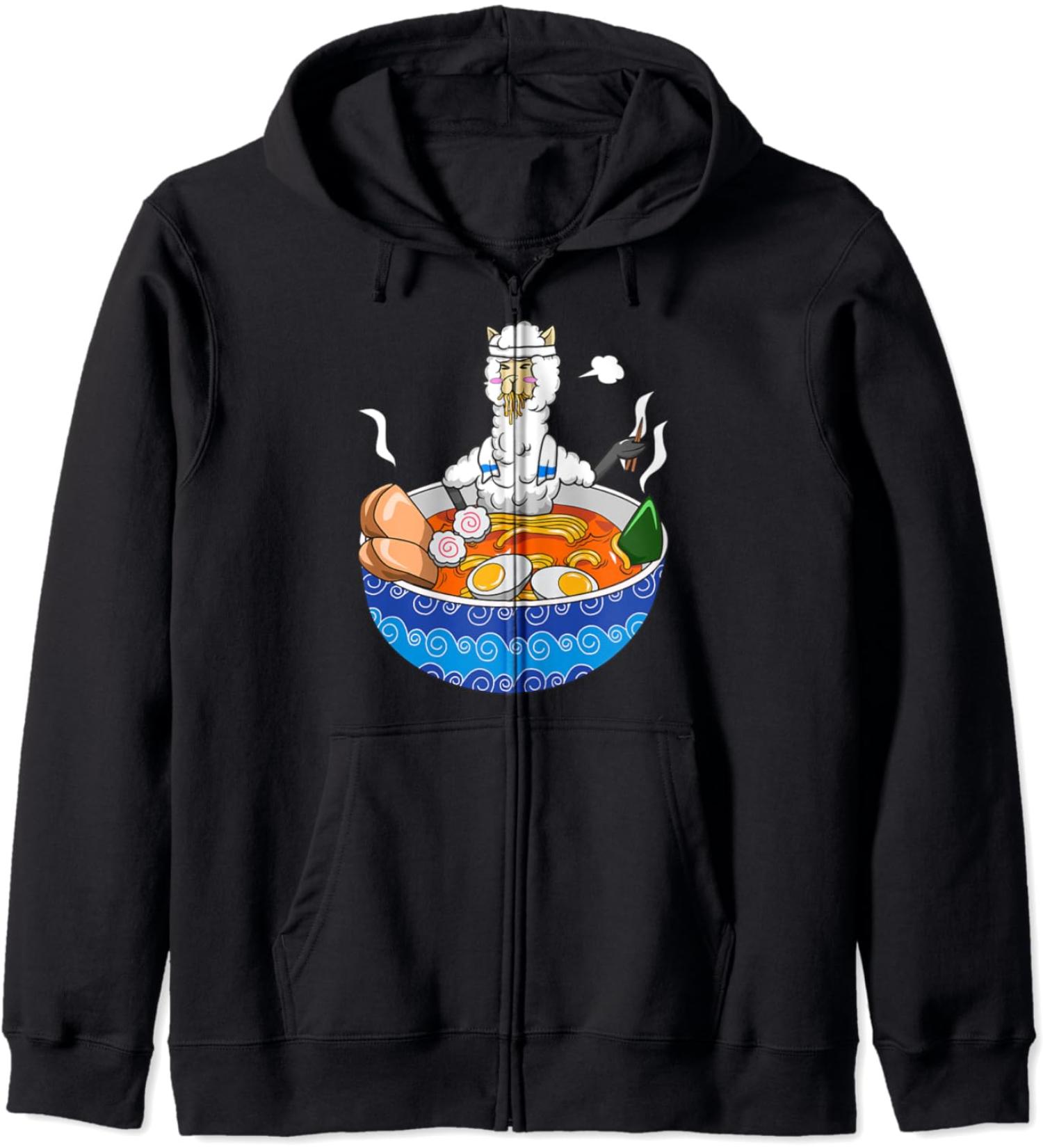 Japanese Kawaii Llamen Ramen Noodle Chillin Bowl Zip Hoodie