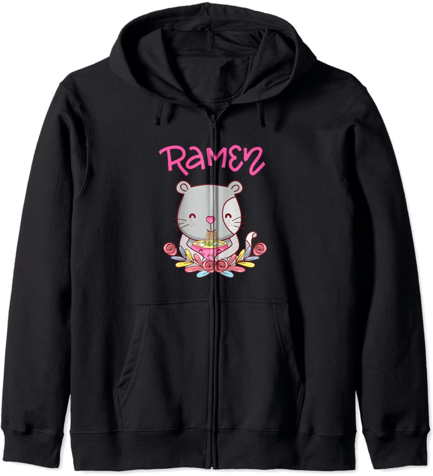 Kawaii Kitty Cat Eating Ramen Noodles Zip Hoodie