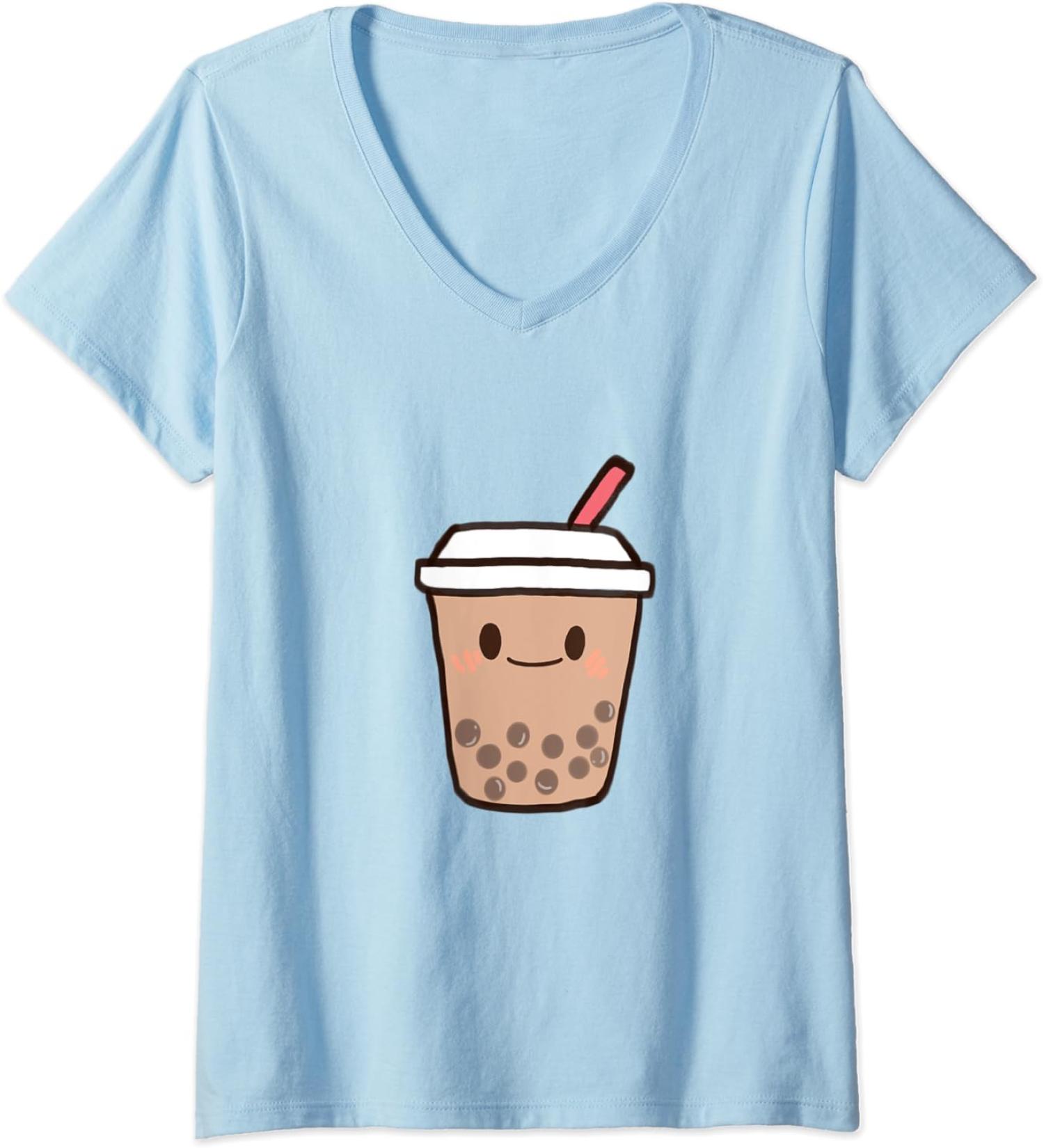 Womens Cute Kawaii Boba Milk Tea Bubble Tapioca Pearls Tea Lover V-Neck T-Shirt