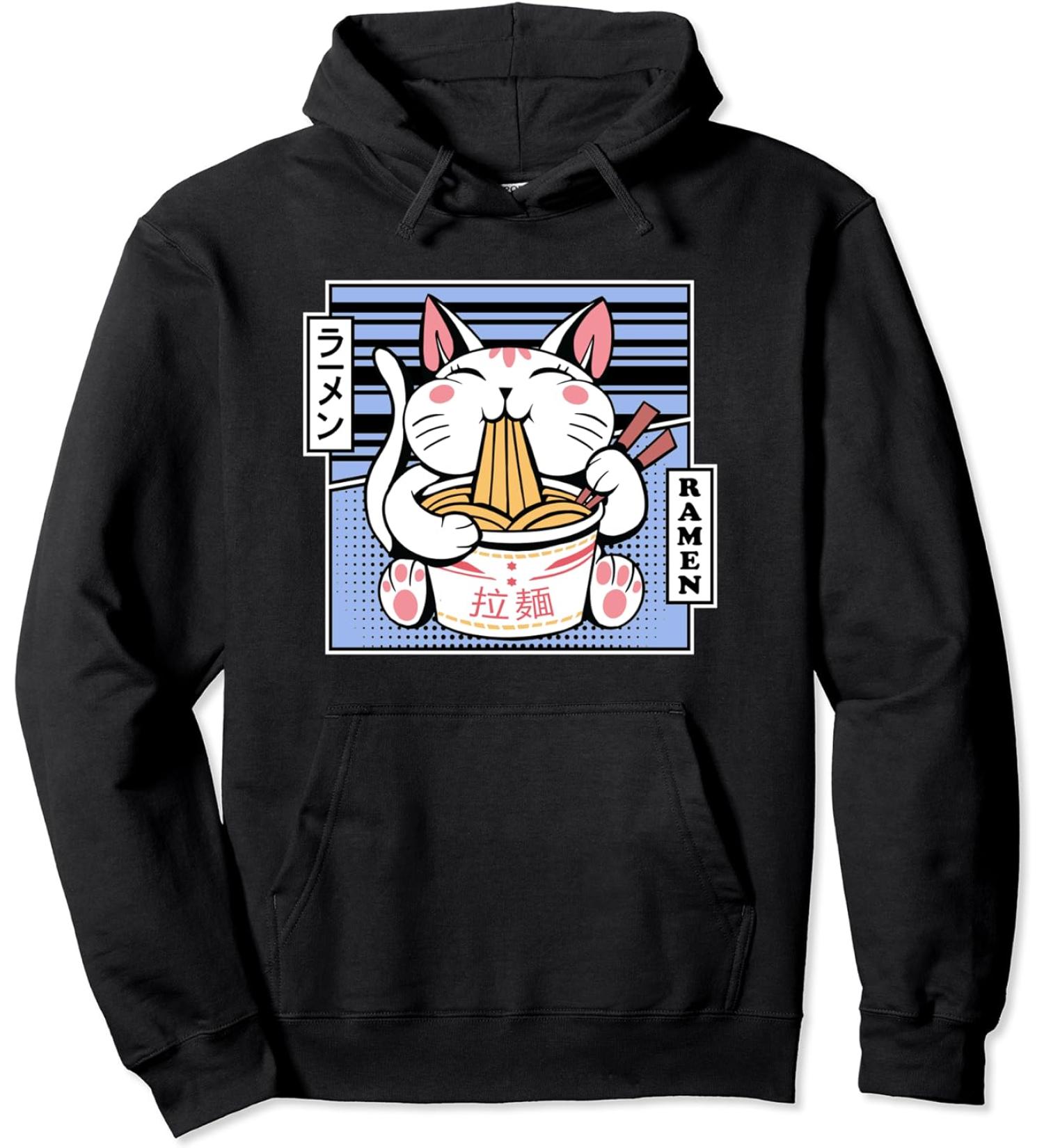 Kawaii Cat Neko Eating Ramen Noodle Soup Japanese Aesthetic Pullover Hoodie
