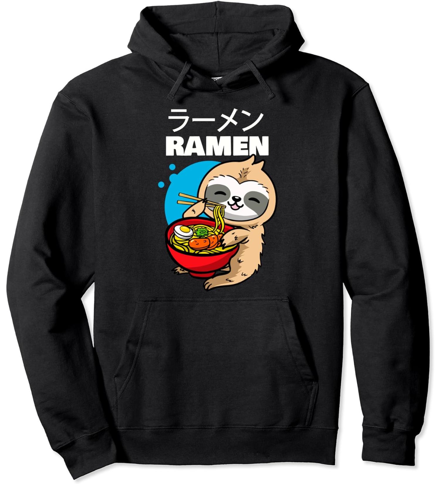 Kawaii Anime Sloth Eating Japanese Ramen Noodle Soup Pullover Hoodie