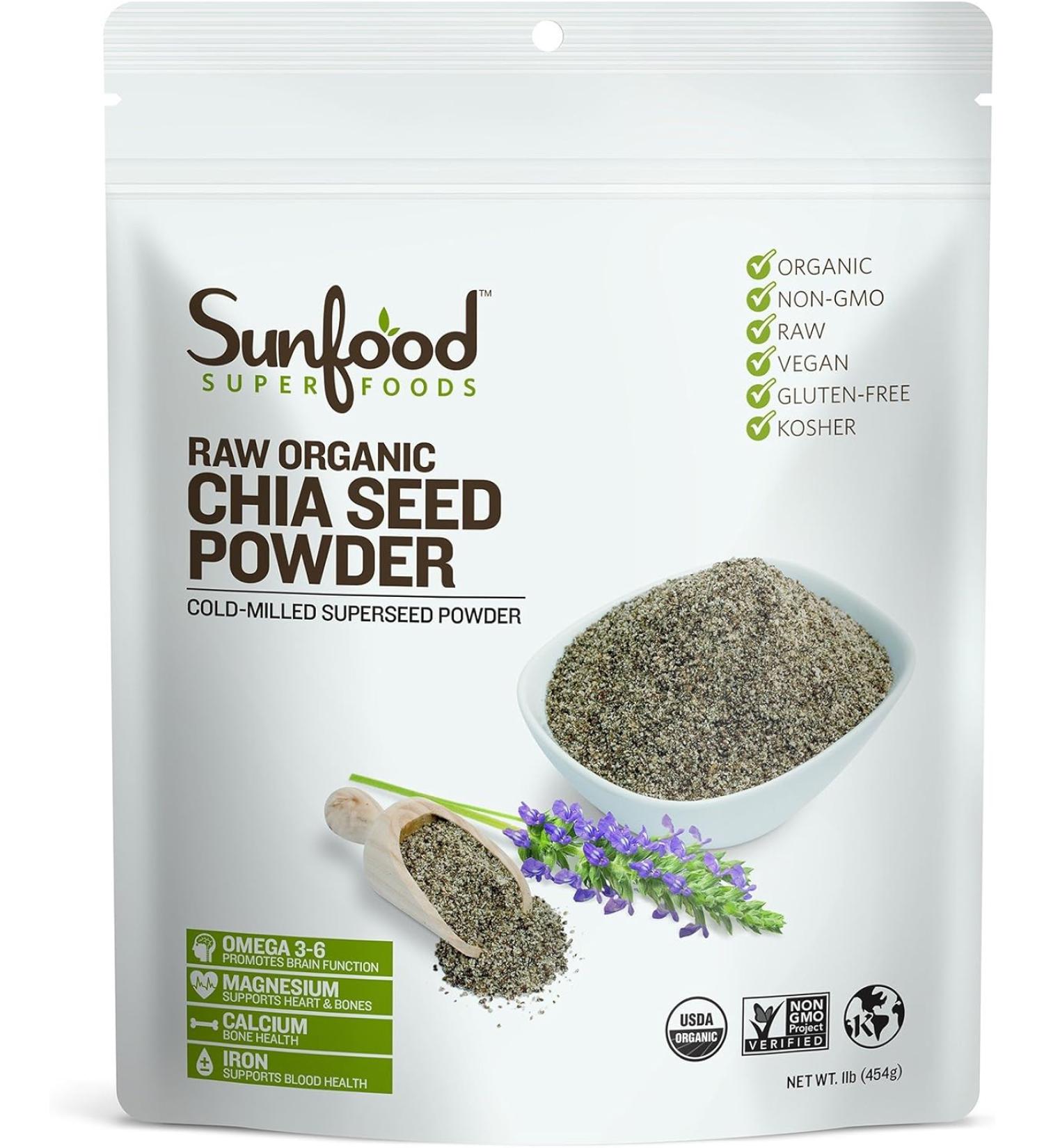 Organic Chia Seed Powder - Raw, Cold Milled, 1 lb - Bulk Superfood by Sunfood - Buy Online on SooperMarket.com
