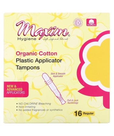Maxim Hygiene Products Organic Cotton Plastic Applicator Tampons Regular  16 Count
