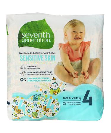 Seventh Generation Free & Clear Diapers Size 4 22-32 lbs 27 Diapers