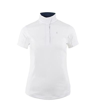 HORZE Blaire Women's Short Sleeved Nanotex Equestrian Riding Competition Show Shirt with UPF 30+ UV Protection - White/Dark Navy - 8