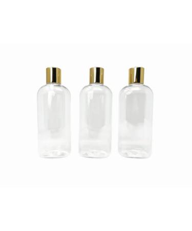 Plastic Bottles 8Oz / 250mL with Disk Top Gold Cap, Pack Of 3 bottles filling Shampoo Conditioner Lotion Oils. PET plastic, BPA free, reusable, Travel Toiletries disinfecting liquid cleaning supplies.