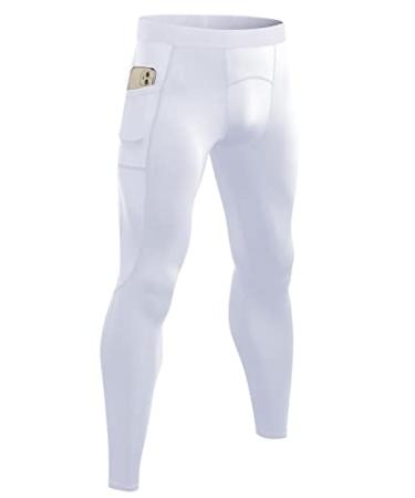 Men's Cool Dry Compression Pants- Active Workout Leggings Gym Tights Pocket- Sports Pant for Running Yoga Basketball White Medium