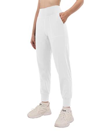 Rosemmetti Women's Joggers with Pockets,High Waist Tapered Sweatpants for Workout,Yoga,Running Regular Medium White