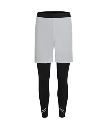 Badeke Boys 2 in 1 Running Compression Pants,Quick Drying Breathable Training Exercise Pants, Workout Athletic Legging Pants Small Light Grey