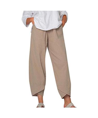 Womens Linen Pants Casual Elastic High Waist Summer Pants Relax Fit Comfy Palazzo Pants Linen Capris Yoga Sweatpants Trousers #G2-khaki Small