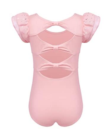 Zaclotre Girls Shiny Ruffle Sleeve Ballet Leotard for Dance, Gymnastics Hollow Bow Back Leotards for Kids Ballet Pink 3-4T