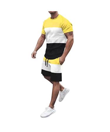 Track Suits for Men Set, Sport Suit for Men's T-Shirt and Shorts 2 Piece Set Fashion Print Shirt Short Pants Suits Sportwear Yellow Small