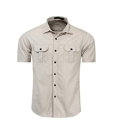 Men's Military Short Sleeve Cargo Shirt Button Down Tactical Dress Shirts Slim Fit Casual Pockets Work Shirts Khaki Large