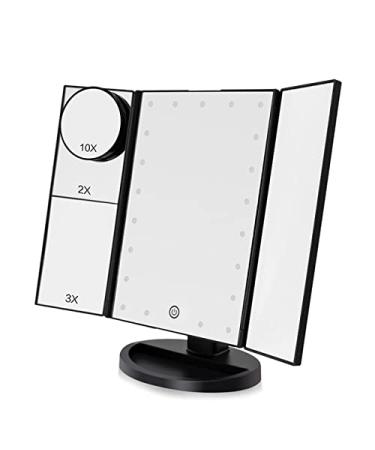 Makeup Mirror Vanity Mirror with Lights  1X/2X/3X/10X Magnification  22 LED Trifold Makeup Mirror  Touch Screen  Dual Power Supply  180 Degree Portable LED Makeup Mirror  Women Gift for Travel (Black)