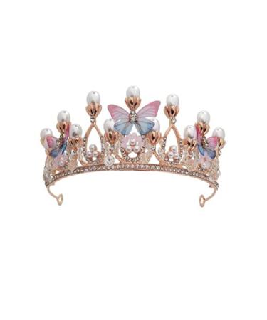 JORCEDI Girls Tiara Butterfly Princess Crown Gold Pearl Headband Rhinestone Hairpiece for Girls Decorative Princess Tiaras Hair Accessories