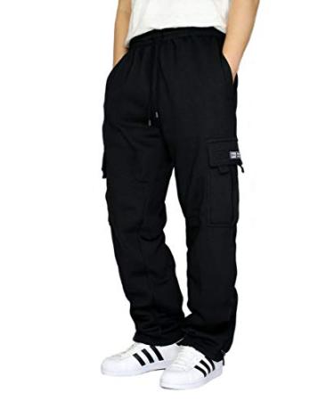 DREAM USA Men's Heavyweight Fleece Cargo Sweatpants Medium Black