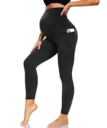 HIGHDAYS Women's Maternity Workout Leggings Over The Belly Pregnancy Stretch Yoga Active Pants with Pockets Black-with Pockets Medium