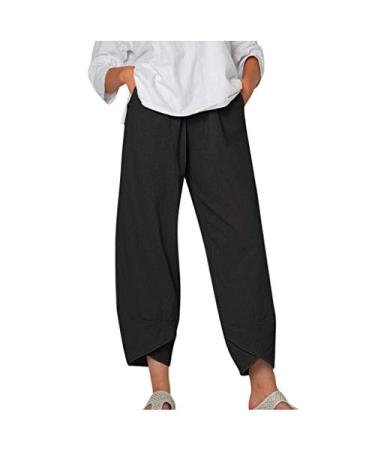 Gufesf Linen Pants for Women Capris Pants Cotton Linen Wide Leg Casual Summer Comfy High Waisted Loose Crop Pants Pocket F2-a-black X-Large