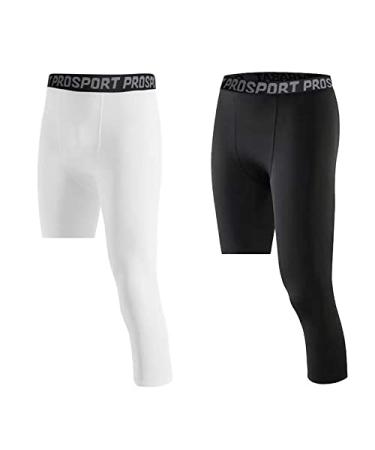 Blaward Men's Compression Pants 3/4 One Leg Tights Athletic Base Layer Leggings for Running Yoga Basketball, Pack of 2 Black+white#left Small