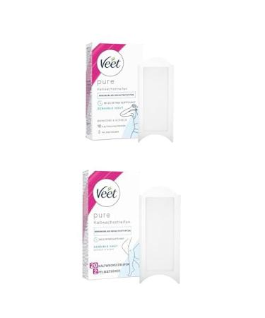 Bundle of Veet Pure cold wax strips for bikini zones and armpits + veet pure cold wax strips for body arms & legs - hair removal for sensitive skin - up to 28 days smooth skin