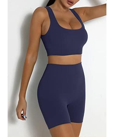 TWFRHC Women's Ribbed Tank Seamless 2-Piece Workout Set | High Waist Gym Outfit Yoga Shorts | Navy Blue, Large - Buy Online on SooperMarket.com