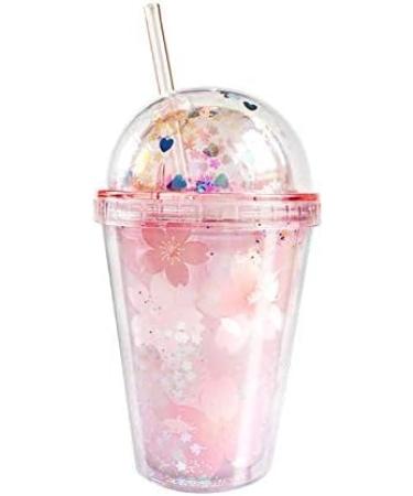 Cherry Blossoms Pink Floral Girl Cup with Straw - Reusable Travel Tumbler (290ml) | Ice Coffee Mug | Plastic Party Cup | Gift Idea - Buy Online on SooperMarket.com