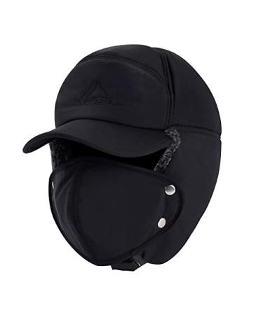 Men Trapper Hat Thermal Faux Fur Lined, Winter Windproof Bomber Hat with Ear Flaps and Removable Warm Mask, 3 in 1 Trooper Aviator Hat, Women Warm Cap for Outdoor Skiing Cycling Black