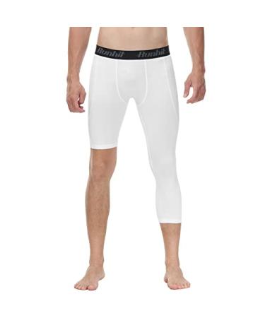 Runhit Men's One Leg Compression Tights for Basketball 3/4 Length Capri Running Pants Leggings Workout Athletic Base Layer White: 3/4 Long Left & Short Half Right Medium