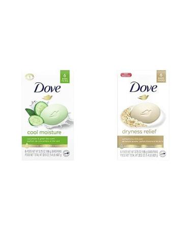 Dove Refreshing Beauty Bar skin care for Revitalized Skin Cucumber and Green Tea 106 g 6 count and Dove Dryness Relief Beauty Bar deep moisturizing body bar