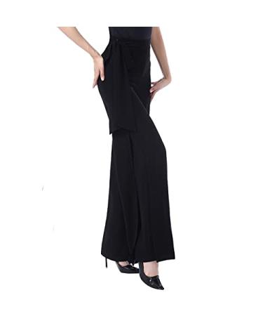 Women Side Tie Up Dance Pants High Waist Wide Leg Split Ballroom Latin Professional Practice Trousers Black Large