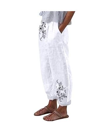 Gufesf Women's Summer Cropped Cotton Linen Capris Pants Casual Loose Fit Trousers with Pockets Women's Plus Size Capris Q2-white Large