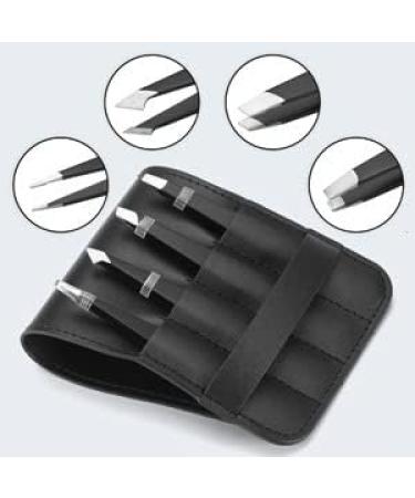 Avizona Set of 4 Precision Tweezers for Facial Hair - Professional Eyebrow Tweezers for Women & Men - Black Color Coated - Includes Leather Pouch - Buy Online on SooperMarket.com