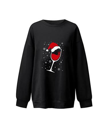 Kinrui Oversized Graphic Shirt Women Wine Glass Printed Long Sleeve Loose Fit Tunic Pullover Top Blouse A Black XX-Large