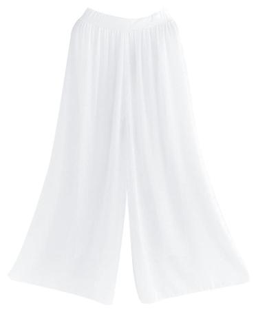 Angcoco Women's Chinese Traditional Dance Loose Fit Wide Leg Mesh Pants One Size Brightwhite
