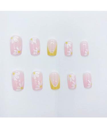 Yellow Daisy French Tip Press on Nails - 24Pcs Short Square False Nails for Women - Buy Online on SooperMarket.com