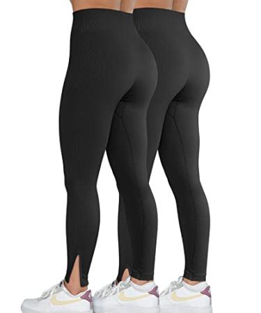 OQQ Women 2 Piece Leggings Workout Tights Tummy Control Ribbed Gym Exercise Girl Yoga Pants Black Black Large