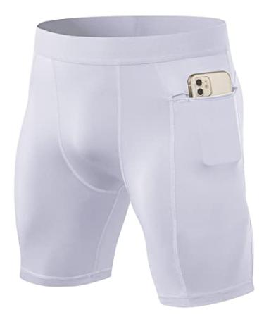 WRAGCFM Men's Compression Shorts with Pockets Running Workout Athletic Active Underwear Shorts White-zipper Small
