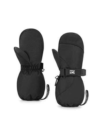 HIGHCAMP Kids Winter Gloves Waterproof Mittens for Toddler Children Snow Out Long Cuff with Stay-on Strap M (6-8 Y) Black