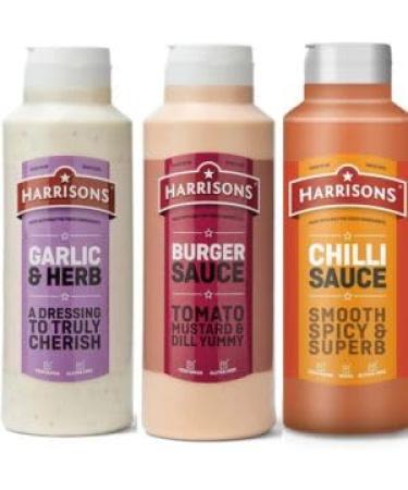 Harrison Multiple Sauce Pack of 3 Sauce Bottles 1 Liter Each Vegan Friendly Delicious Sauce Dairy and Artificial Color or Flavor Made in UK (Chili/Burger/Garlic Herb)